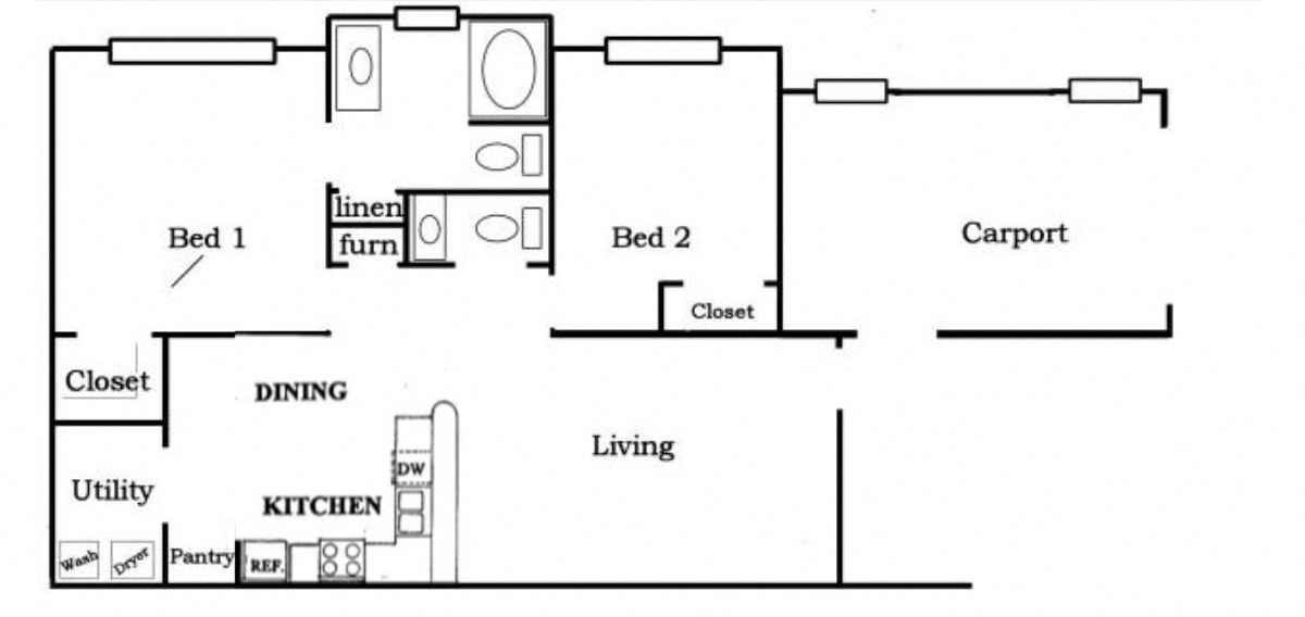 Floor plan for 2 beds, 1.5 baths, 970 sqft